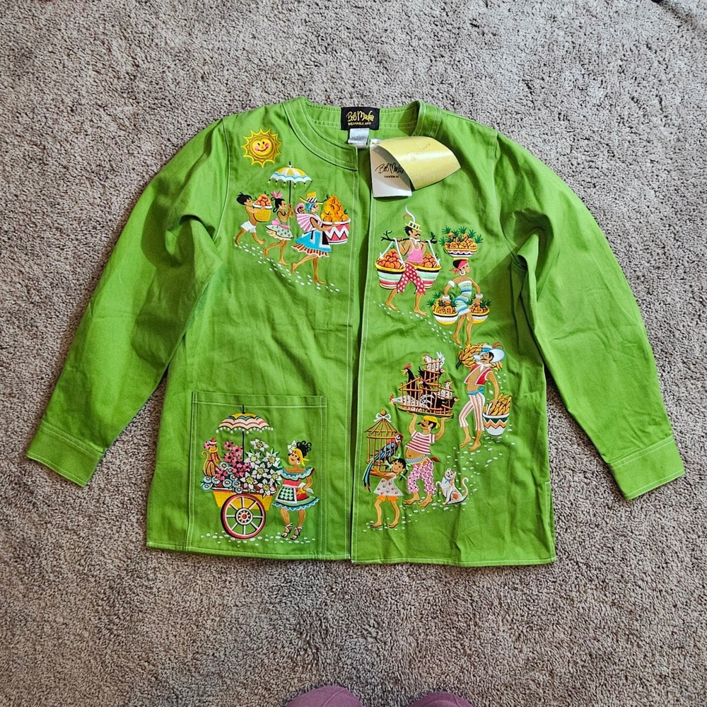 Bob Mackie Wearable Art Lime Green Embroidered Jacket Size L Caribbean Fruit NEW